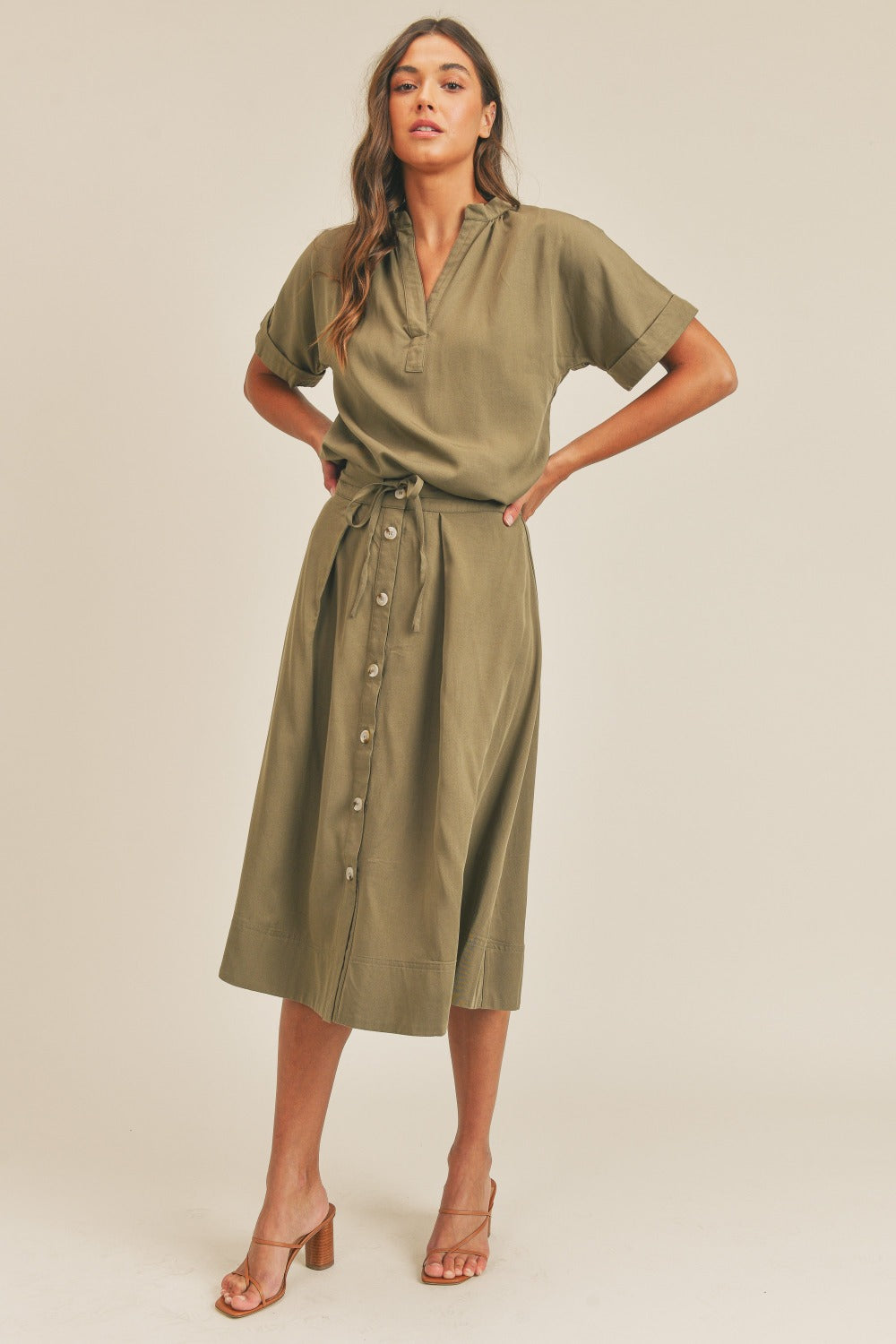 MABLE Short Sleeve Top and Button Down Midi Skirt Set MABLE Short Sleeve Top and Button Down Midi Skirt Set