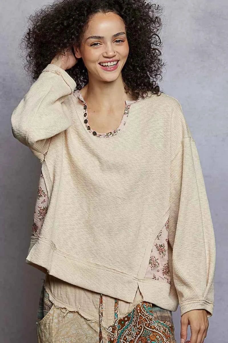 POL Balloon Sleeve Oversized Ribbed Top with Floral Pattern Contrast POL Balloon Sleeve Oversized Ribbed Top with Floral Pattern Contrast