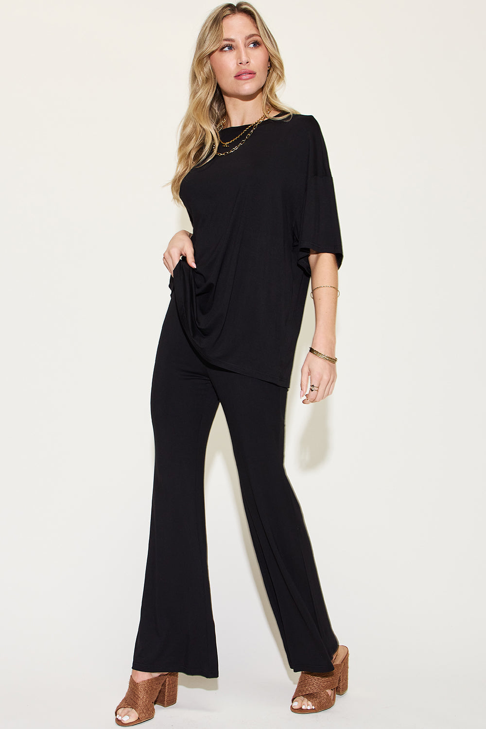Basic Bae Full Size Bamboo Drop Shoulder T-Shirt and Flare Pants Set Basic Bae Full Size Bamboo Drop Shoulder T-Shirt and Flare Pants Set