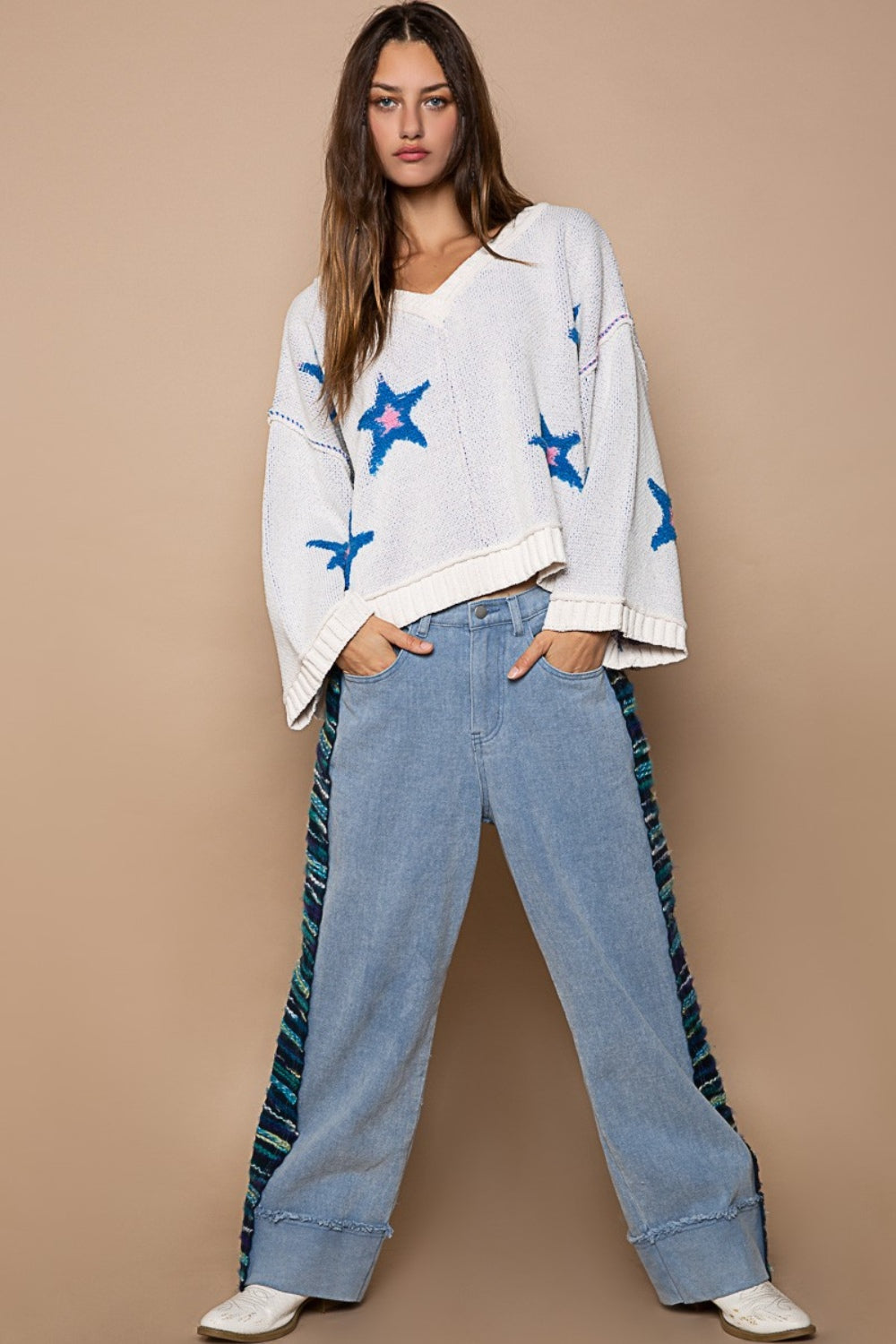 POL Long Sleeve Star Patch Sweater POL Long Sleeve Star Patch Sweater - TopFashionHQ