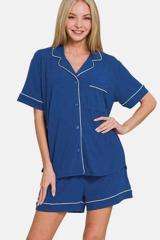 Zenana Button Down Short Sleeve Top and Shorts Lounge Set Zenana Button Down Short Sleeve Top and Shorts Lounge Set
