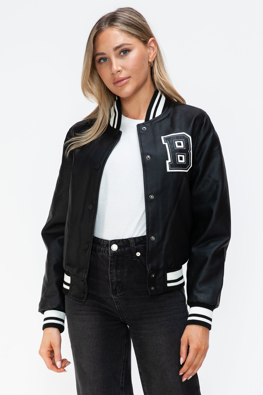 Love Me Now PU Leather Contrast Snap Down Bomber Jacket Love Me Now PU Leather Contrast Snap Down Bomber Jacket - TopFashionHQ