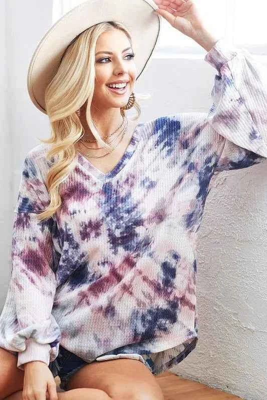 BiBi Tie-Dye V-Neck Long Sleeve Waffle Top BiBi Tie-Dye V-Neck Long Sleeve Waffle Top