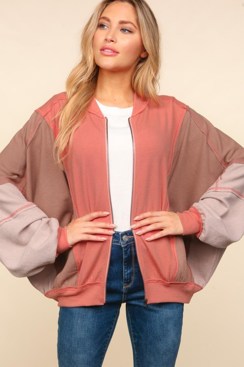 Haptics Zip Up Color Block Bomber Jacket with Side Pockets Haptics Zip Up Color Block Bomber Jacket with Side Pockets