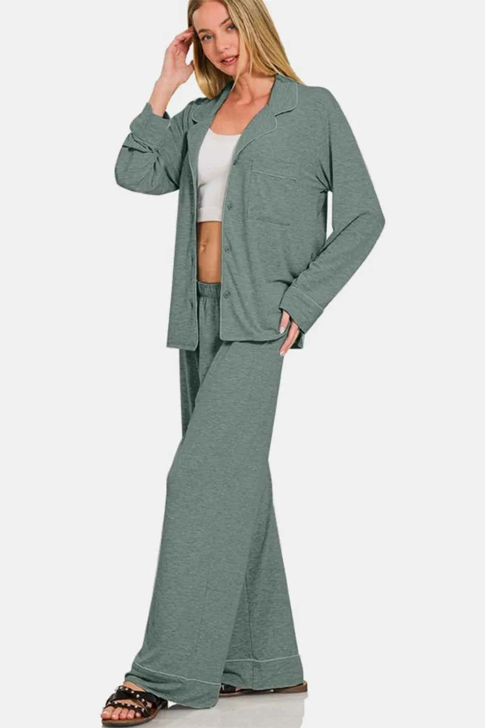 Zenana Button Down Long Sleeve Top and Pants Lounge Set Zenana Button Down Long Sleeve Top and Pants Lounge Set