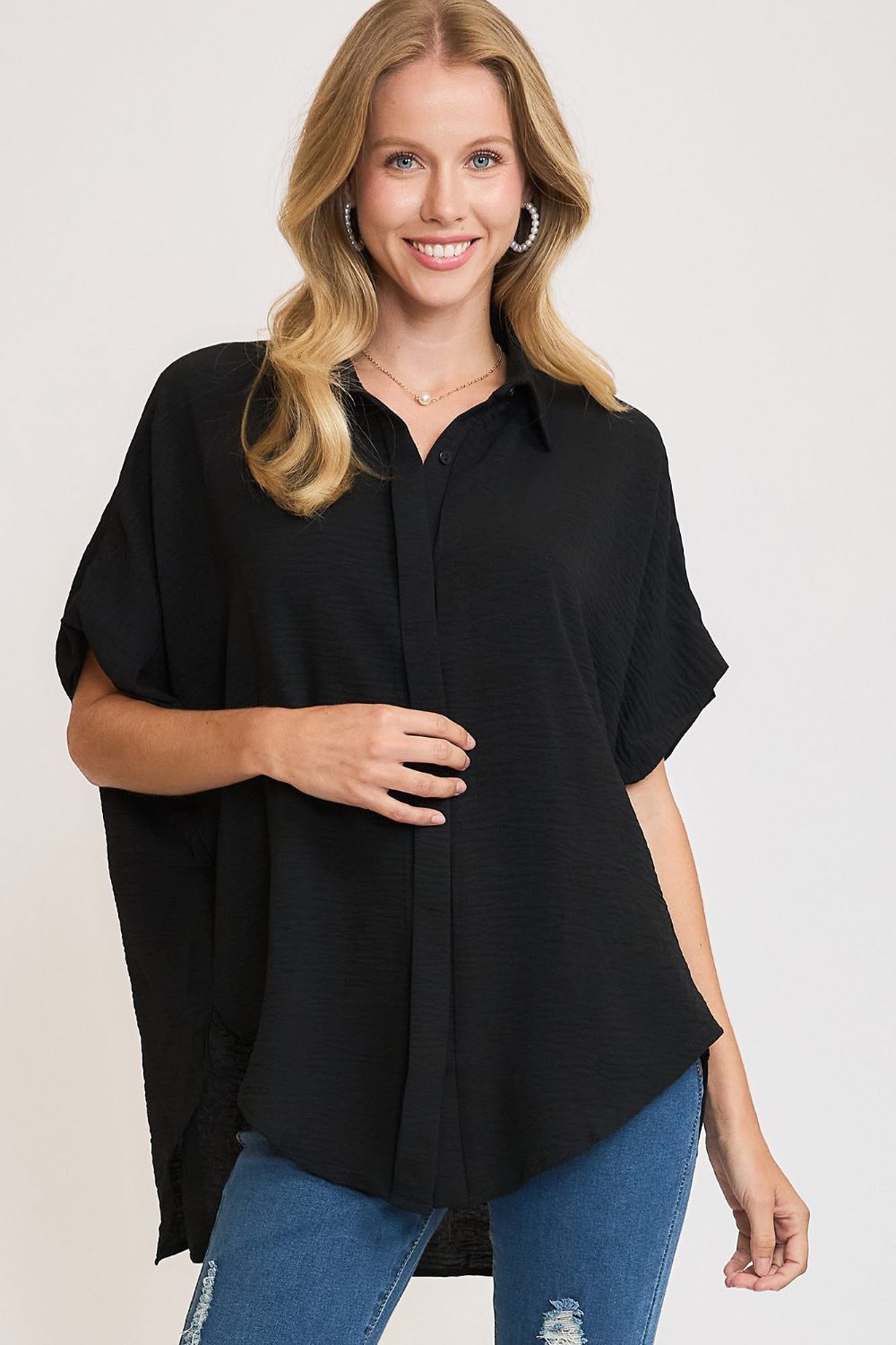 Umgee Full Size High-Low Button Up Short Sleeve Shirt Umgee Full Size High-Low Button Up Short Sleeve Shirt - TopFashionHQ