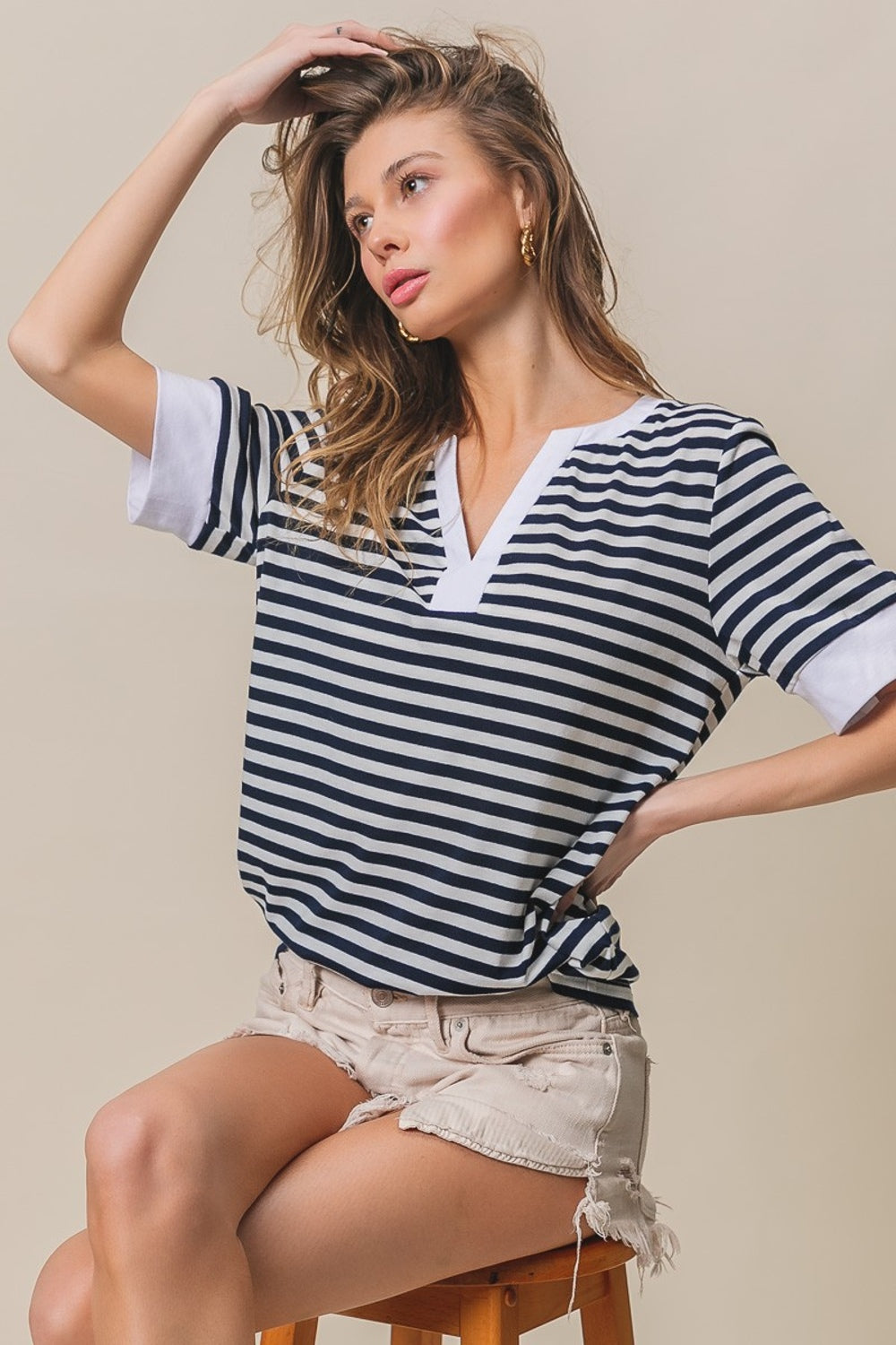 BiBi Contrast Striped Notched Knit Top BiBi Contrast Striped Notched Knit Top - TopFashionHQ