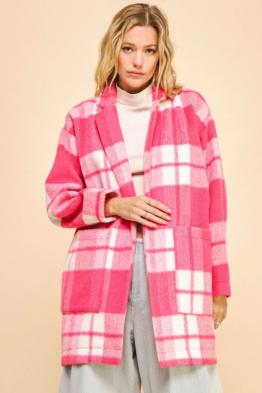 Davi & Dani Plaid Open Front Drop Shoulder Longline Coat Davi & Dani Plaid Open Front Drop Shoulder Longline Coat