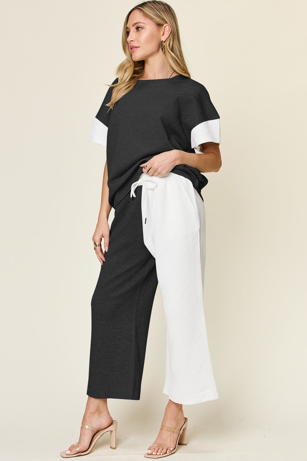 Double Take Full Size Texture Contrast T-Shirt and Wide Leg Pants Set Double Take Full Size Texture Contrast T-Shirt and Wide Leg Pants Set