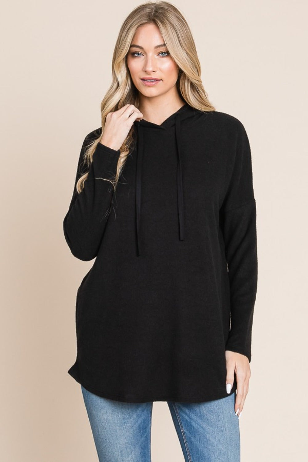 BOMBOM Contrast Drawstring Drop Shoulder Knit Hoodie BOMBOM Contrast Drawstring Drop Shoulder Knit Hoodie