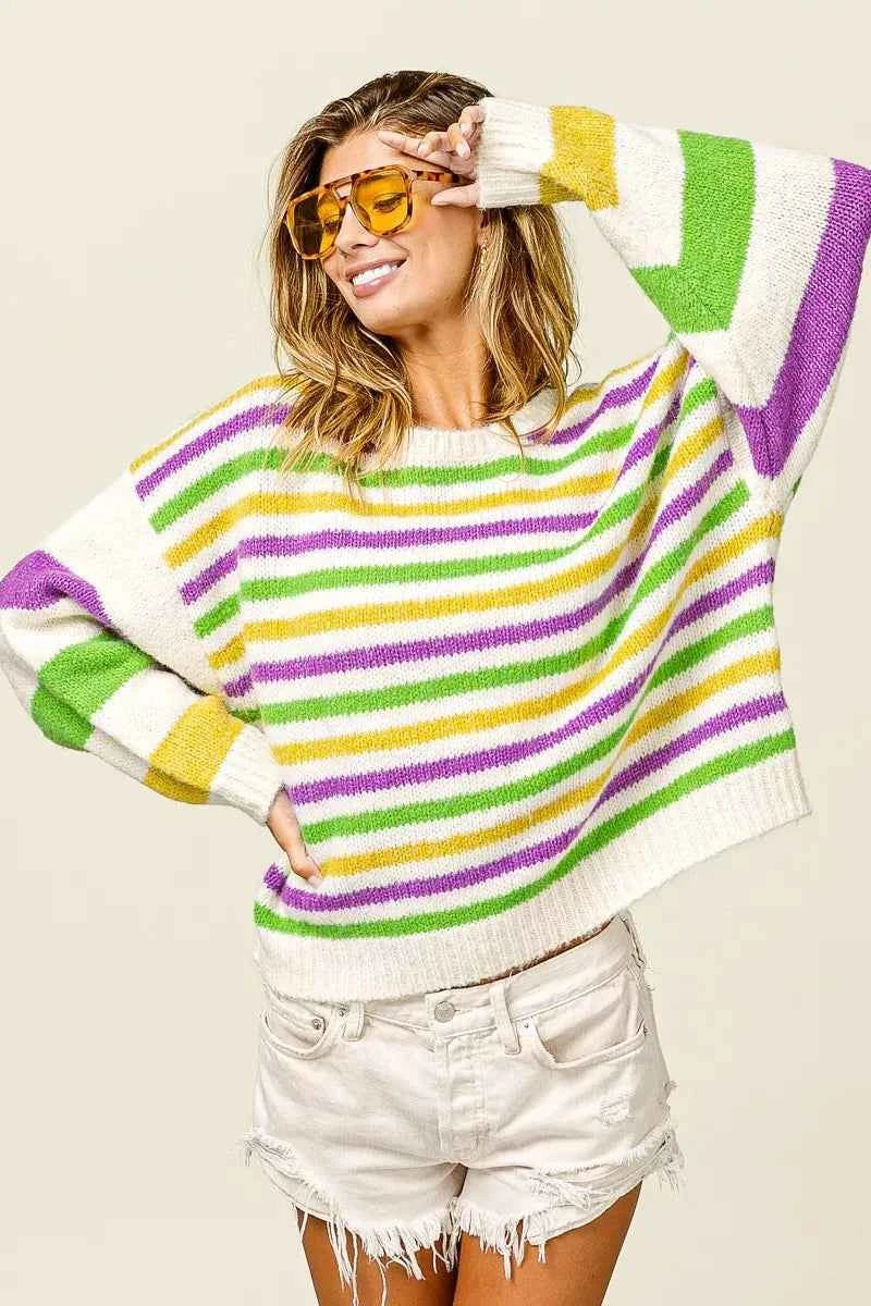 BiBi Mardi Gras Colors Stripe Comfy Sweater BiBi Mardi Gras Colors Stripe Comfy Sweater