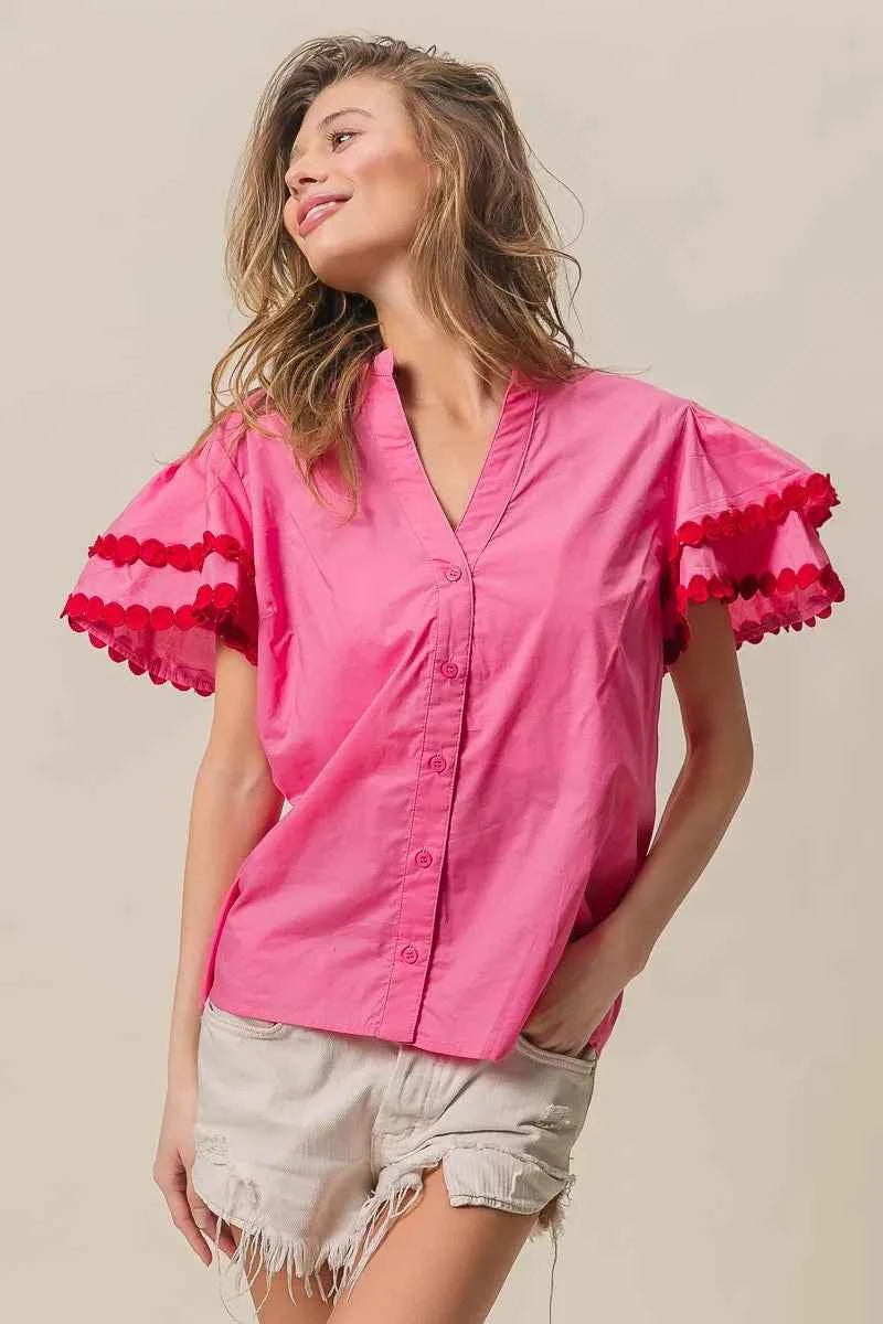 BiBi Dot Trim Flutter Sleeve Notched Top BiBi Dot Trim Flutter Sleeve Notched Top