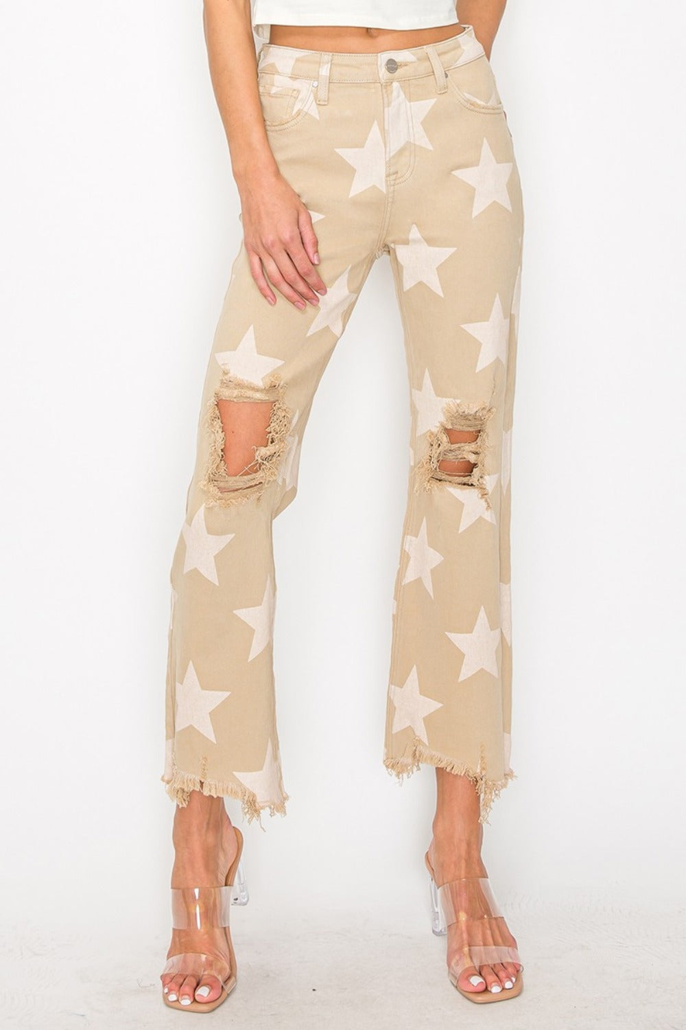 RISEN Full Size High Rise Star Printed Frayed Hem Jeans RISEN Full Size High Rise Star Printed Frayed Hem Jeans - TopFashionHQ