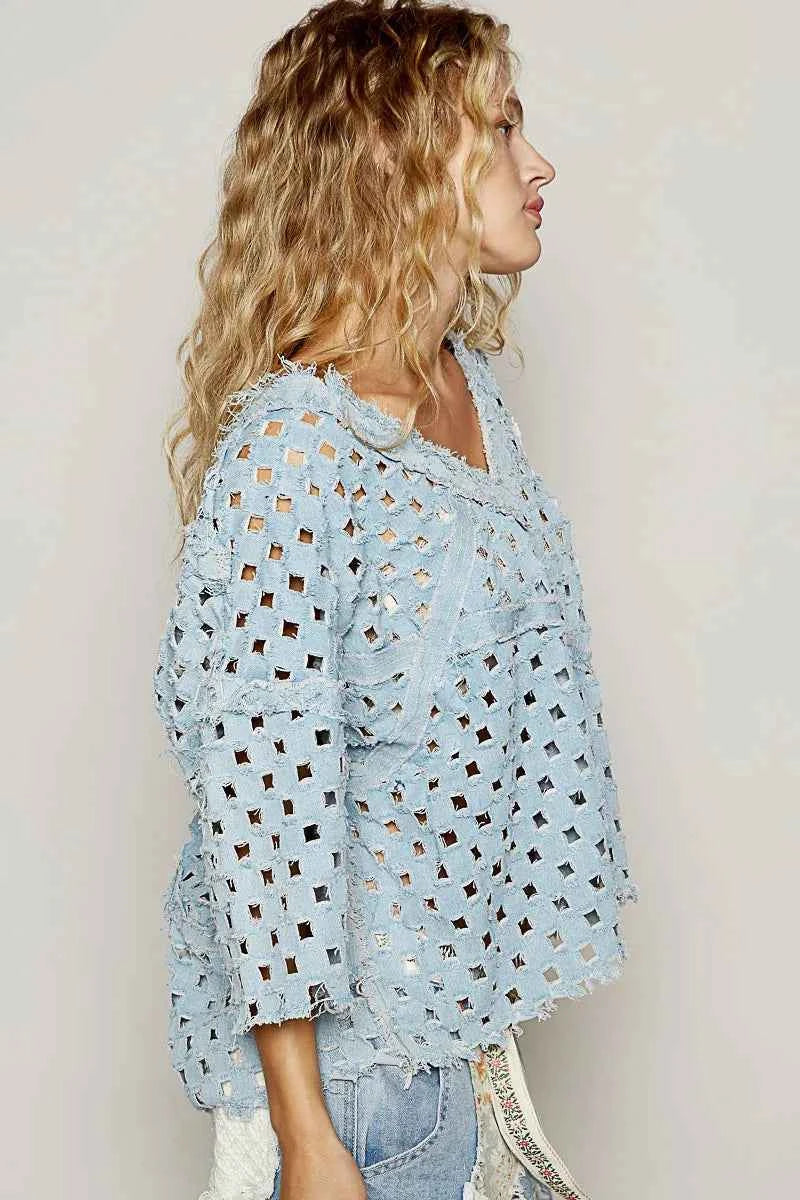 POL V-Neck Short Sleeve Top with Laser Cut Detail POL V-Neck Short Sleeve Top with Laser Cut Detail