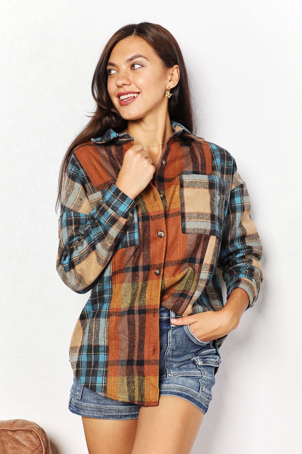 Double Take Plaid Curved Hem Shirt Jacket with Breast Pockets Double Take Plaid Curved Hem Shirt Jacket with Breast Pockets - TopFashionHQ