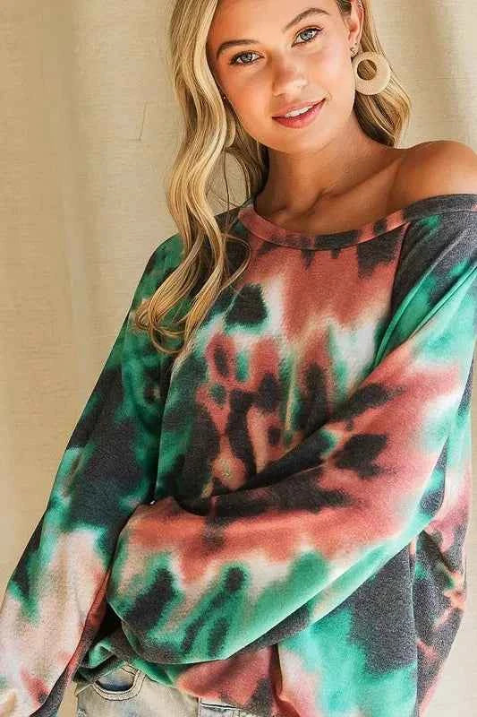 BiBi Tie Dye Print Terry Top with Puff Sleeves BiBi Tie Dye Print Terry Top with Puff Sleeves