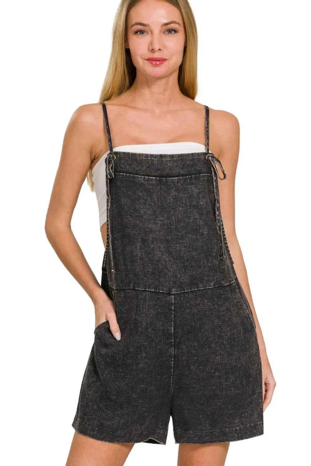 Zenana Washed Linen Knot Strap Rompers Zenana Washed Linen Knot Strap Rompers