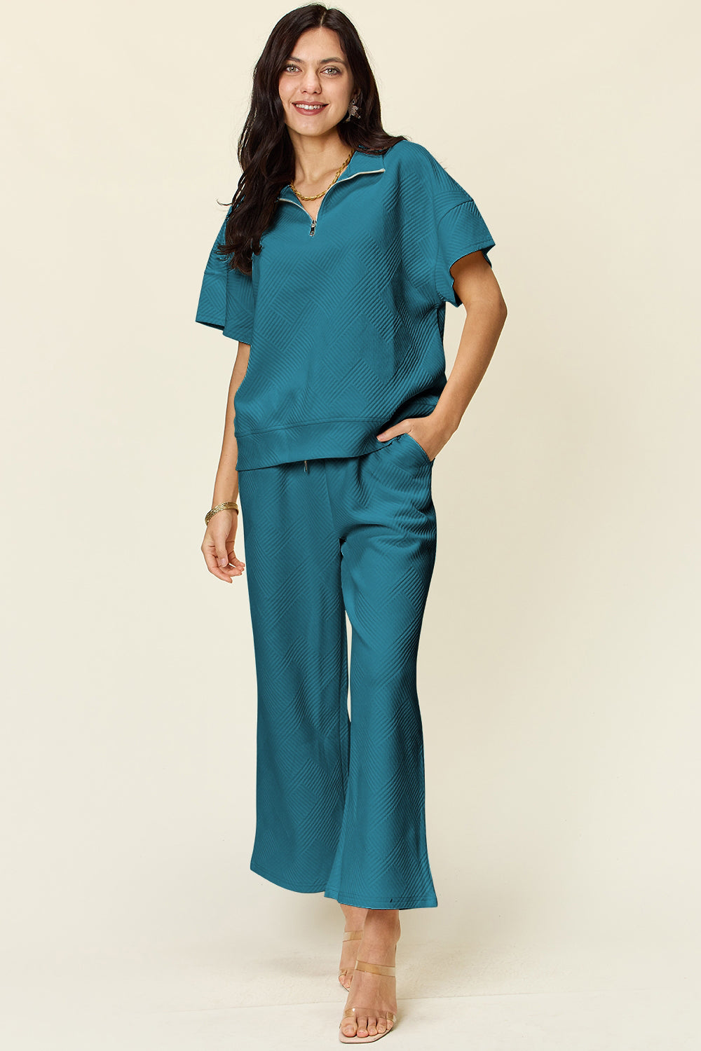Double Take Full Size Texture Half Zip Short Sleeve Top and Pants Set Double Take Full Size Texture Half Zip Short Sleeve Top and Pants Set