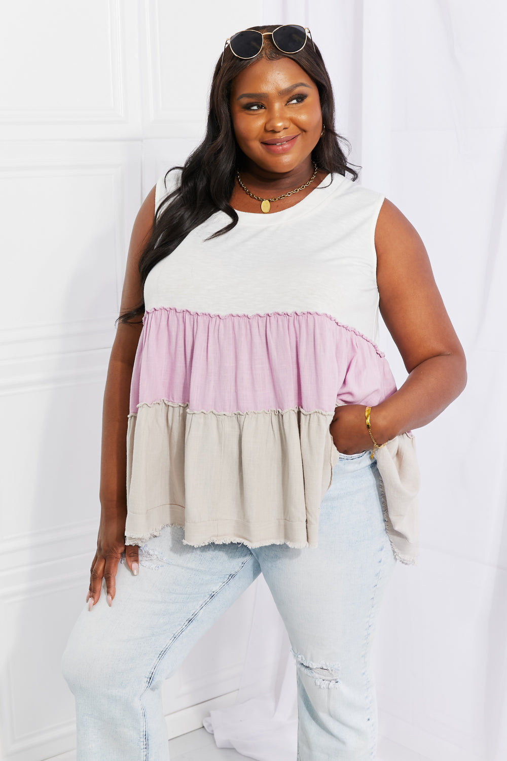 White Birch Full Size Watching the Sunset Color Block Babydoll Top White Birch Full Size Watching the Sunset Color Block Babydoll Top - TopFashionHQ