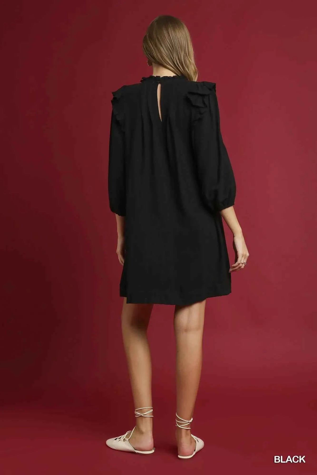 Umgee Linen Ruffle Shoulder Pleated Babydoll Dress Umgee Linen Ruffle Shoulder Pleated Babydoll Dress