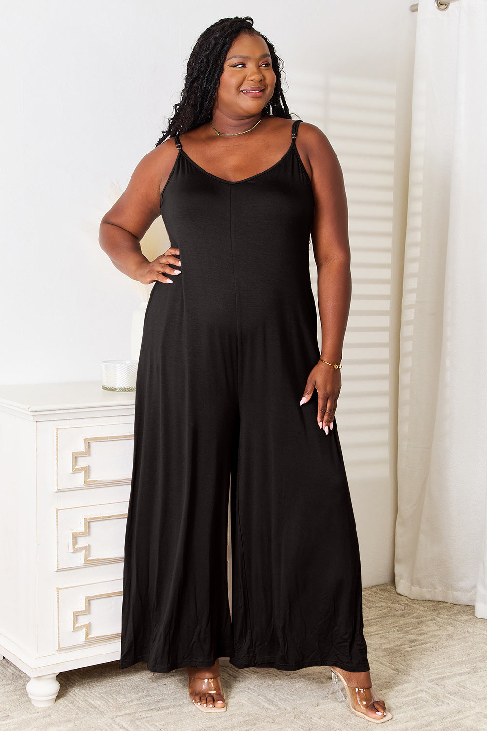Double Take Full Size Soft Rayon Spaghetti Strap Tied Wide Leg Jumpsuit Double Take Full Size Soft Rayon Spaghetti Strap Tied Wide Leg Jumpsuit - TopFashionHQ