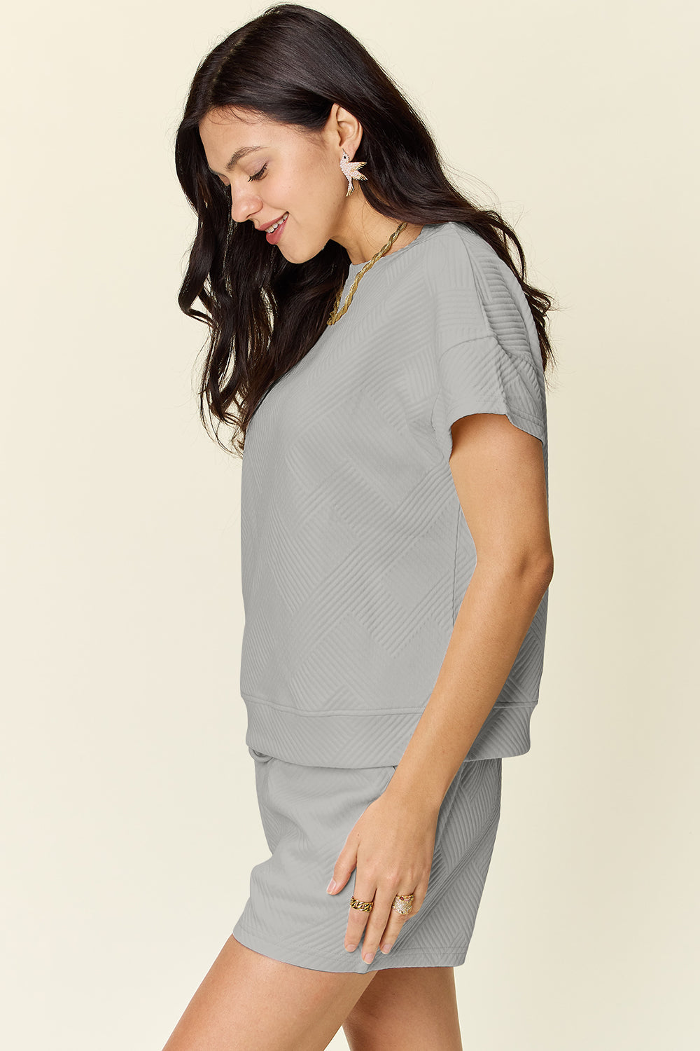 Double Take Full Size Texture Short Sleeve T-Shirt and Drawstring Shorts Set Double Take Full Size Texture Short Sleeve T-Shirt and Drawstring Shorts Set