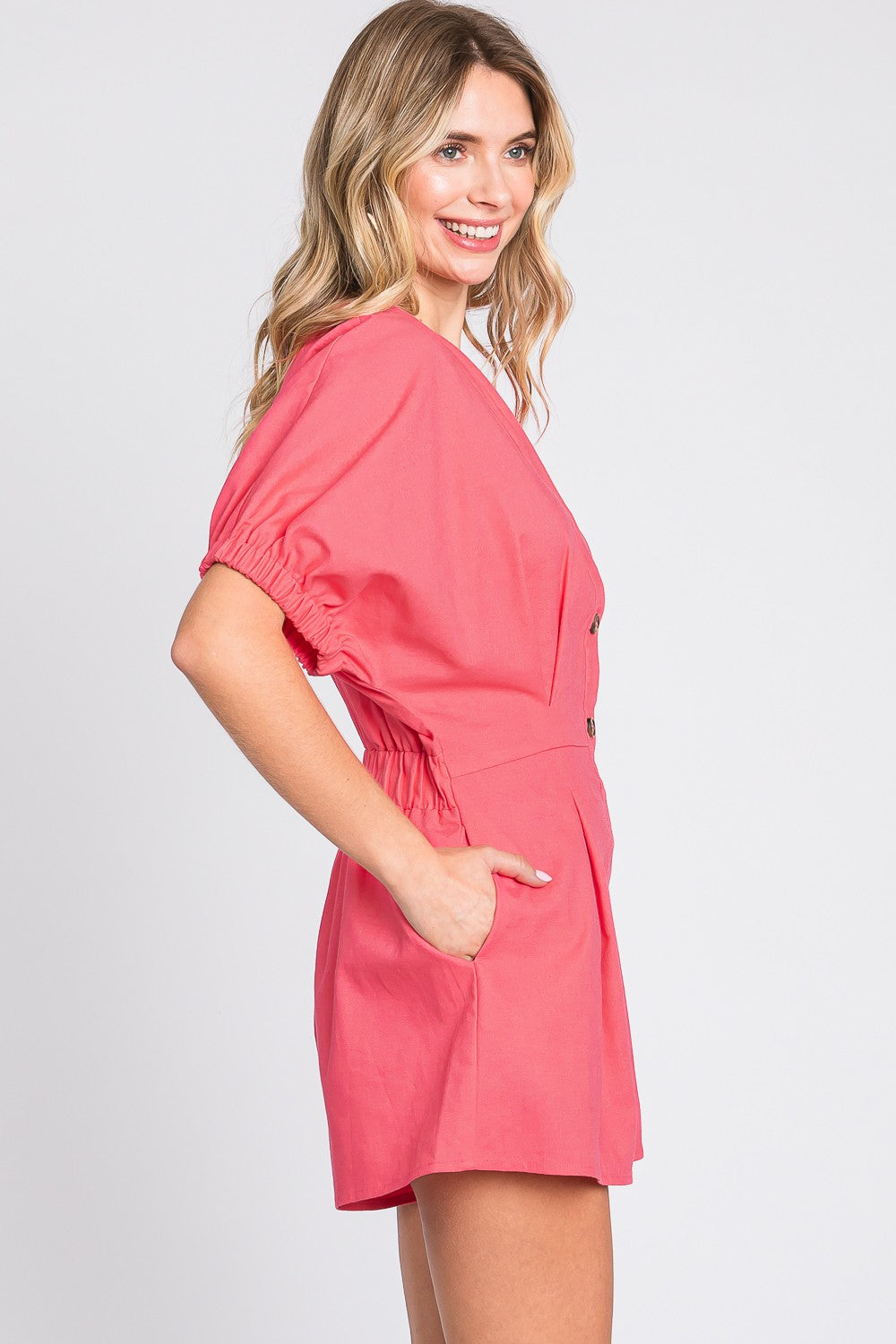 GeeGee Half Button V-Neck Linen Romper GeeGee Half Button V-Neck Linen Romper - TopFashionHQ