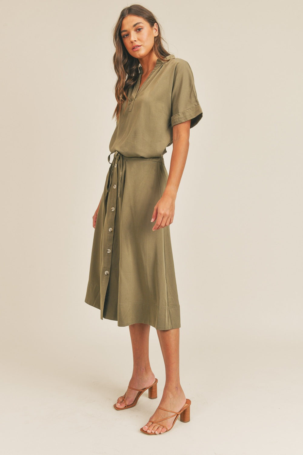 MABLE Short Sleeve Top and Button Down Midi Skirt Set MABLE Short Sleeve Top and Button Down Midi Skirt Set