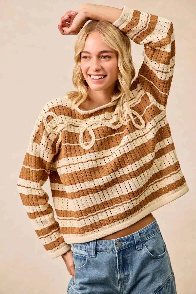 BiBi Striped Open Knit Sweater Top with Front Braided Detail BiBi Striped Open Knit Sweater Top with Front Braided Detail