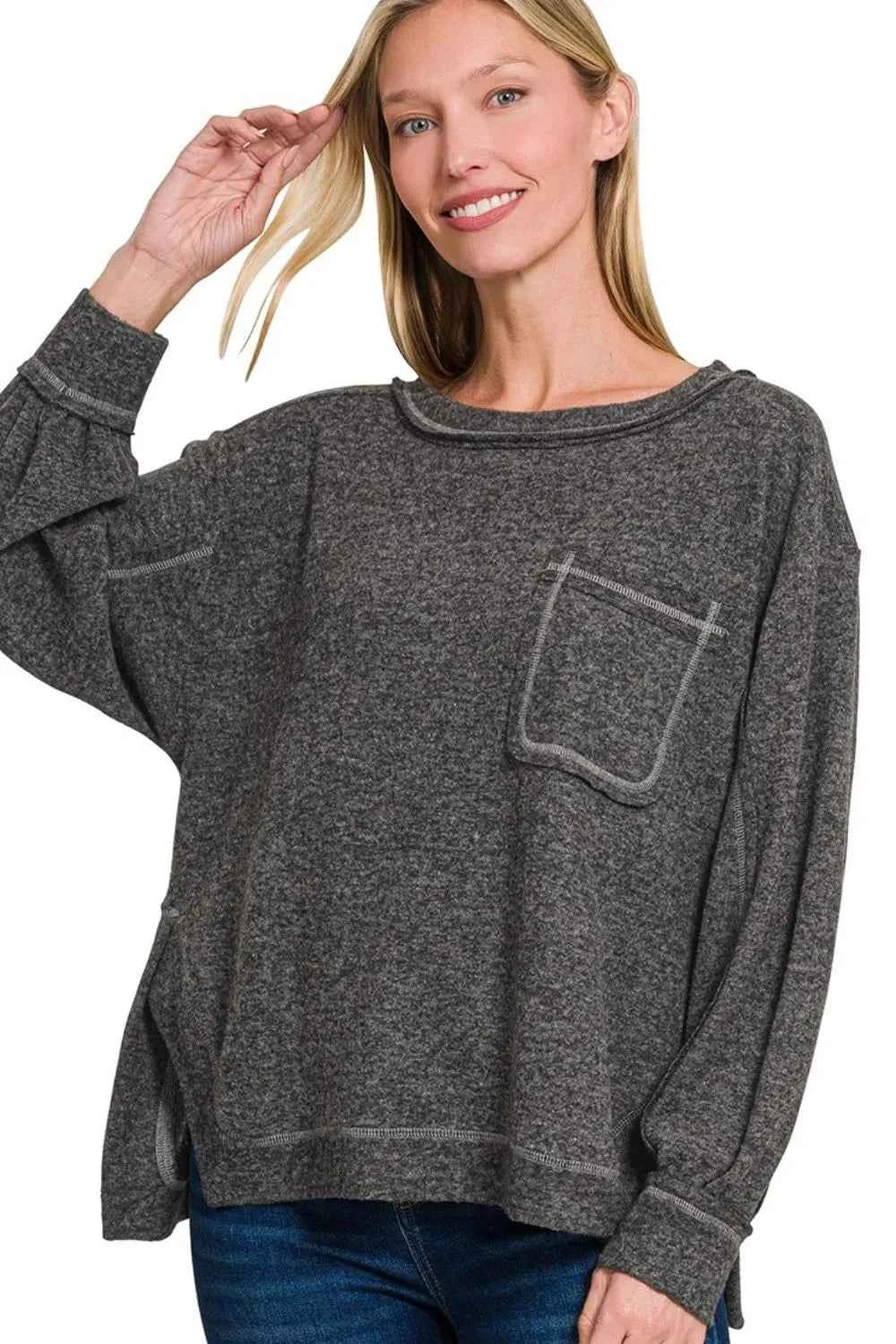 Zenana Brushed Hacci Hi-low Round Neck Knit Top Zenana Brushed Hacci Hi-low Round Neck Knit Top