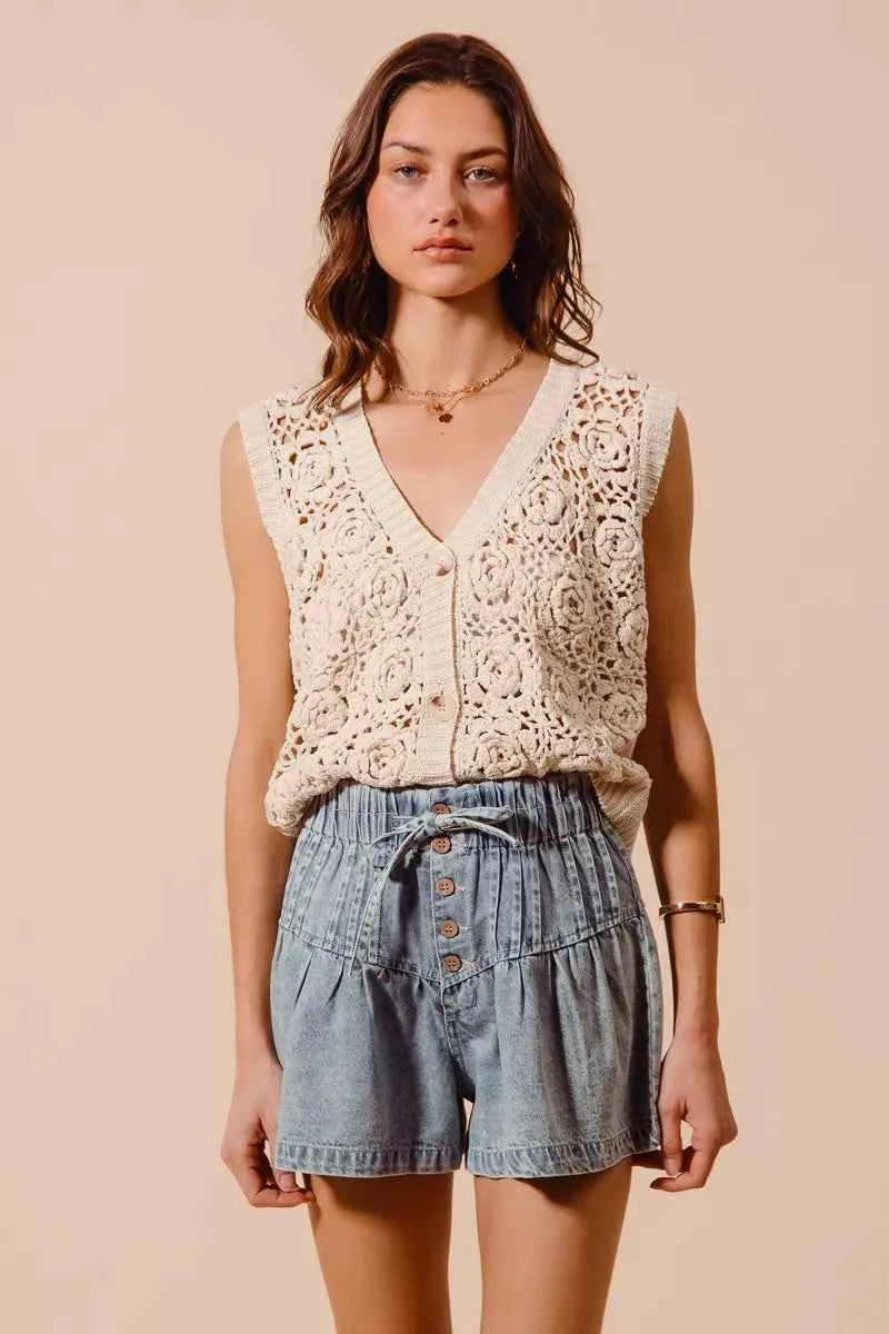 SO ME Flared Denim Shorts with Elasticized Waist SO ME Flared Denim Shorts with Elasticized Waist