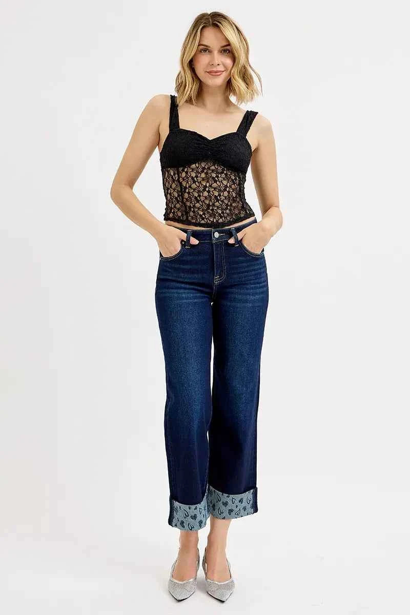 RISEN Full Size Mid Rise Fit Crop Wide With Printed Cuff Jeans Plus Size RISEN Full Size Mid Rise Fit Crop Wide With Printed Cuff Jeans Plus Size