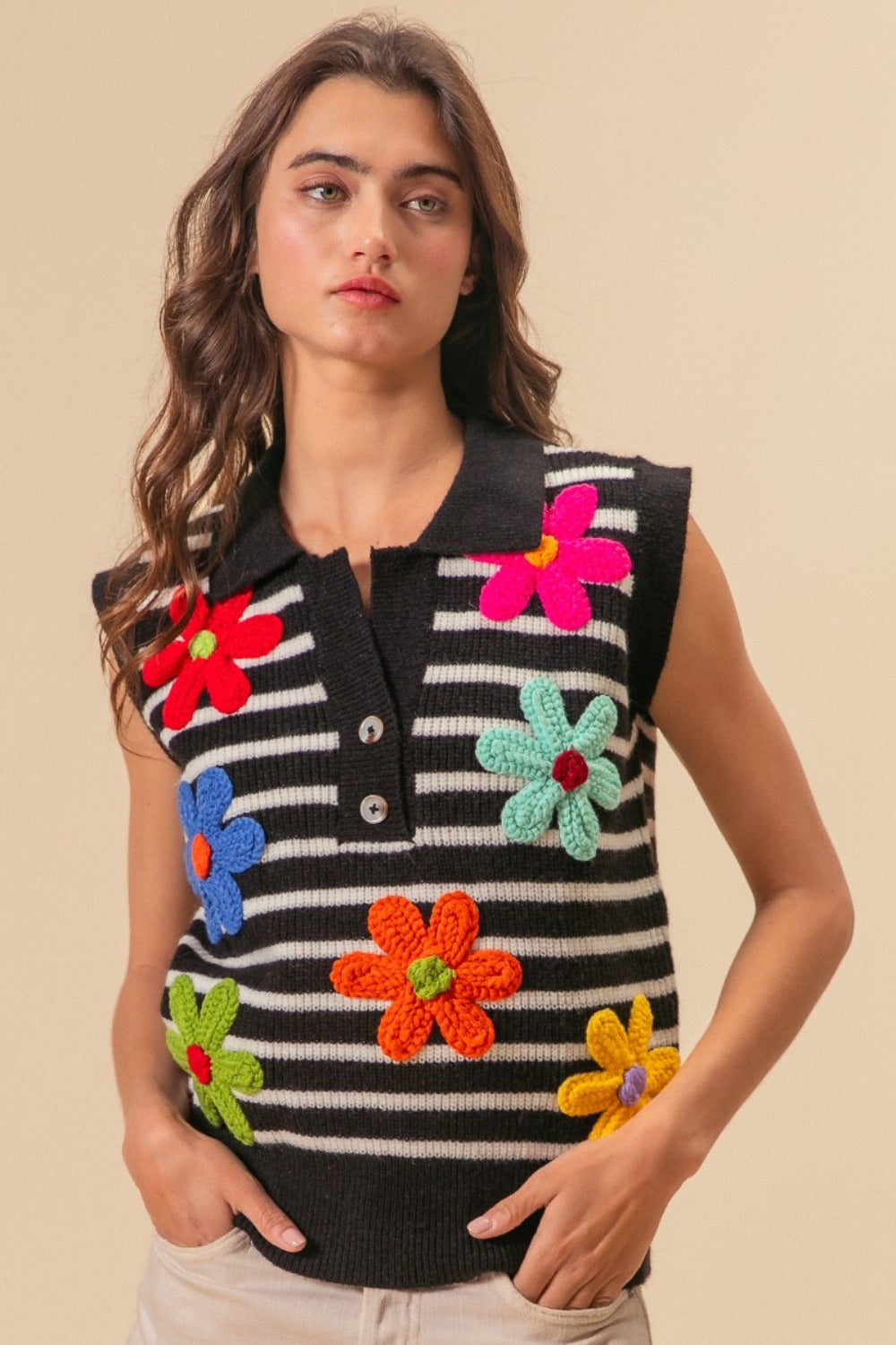 BiBi Flower Patch Striped Half Button Sweater Vest BiBi Flower Patch Striped Half Button Sweater Vest - TopFashionHQ