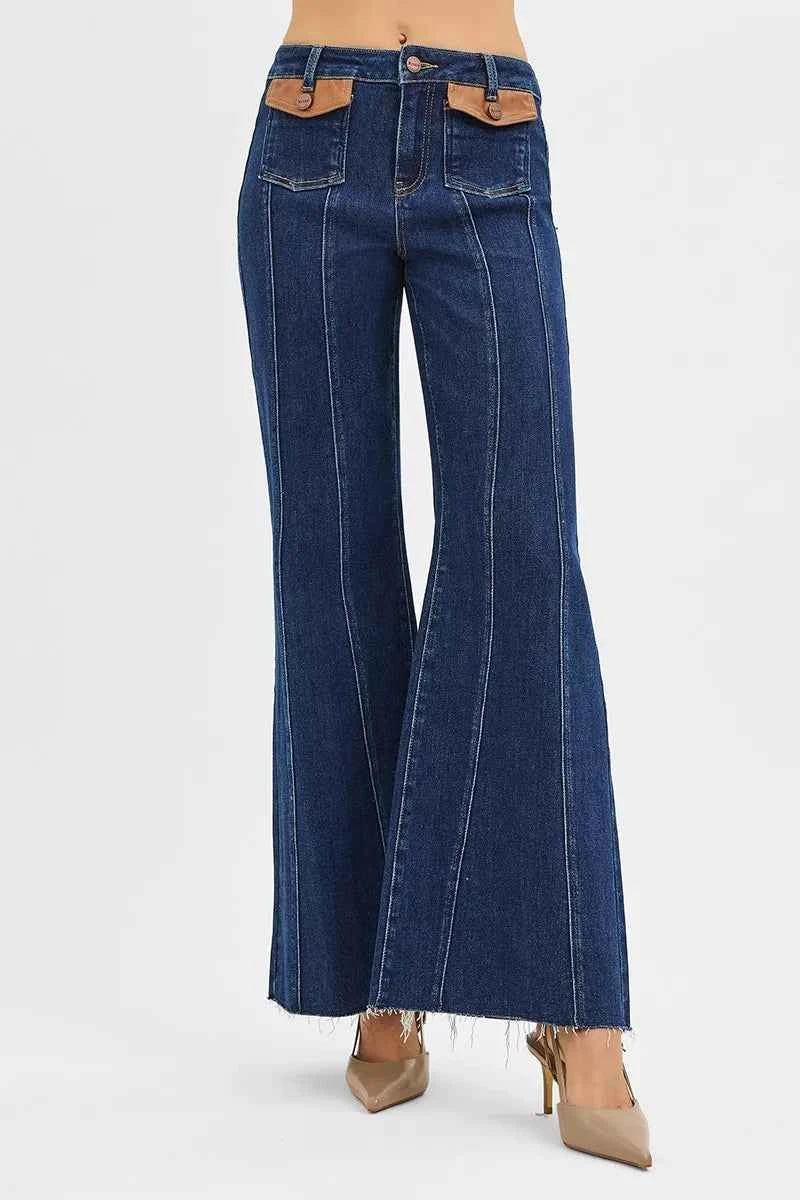 RISEN High Rise Wide Flare Jeans with Front Leather Pocket Detail RISEN High Rise Wide Flare Jeans with Front Leather Pocket Detail