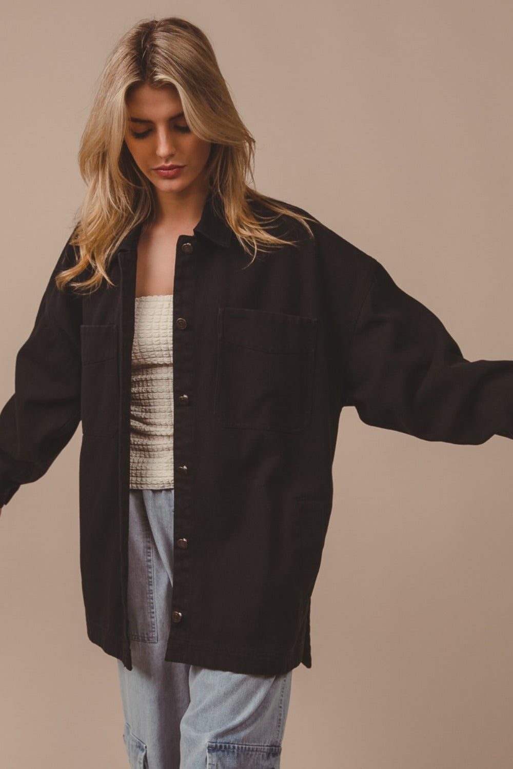 BiBi Button Up Washed Jacket with Pockets BiBi Button Up Washed Jacket with Pockets