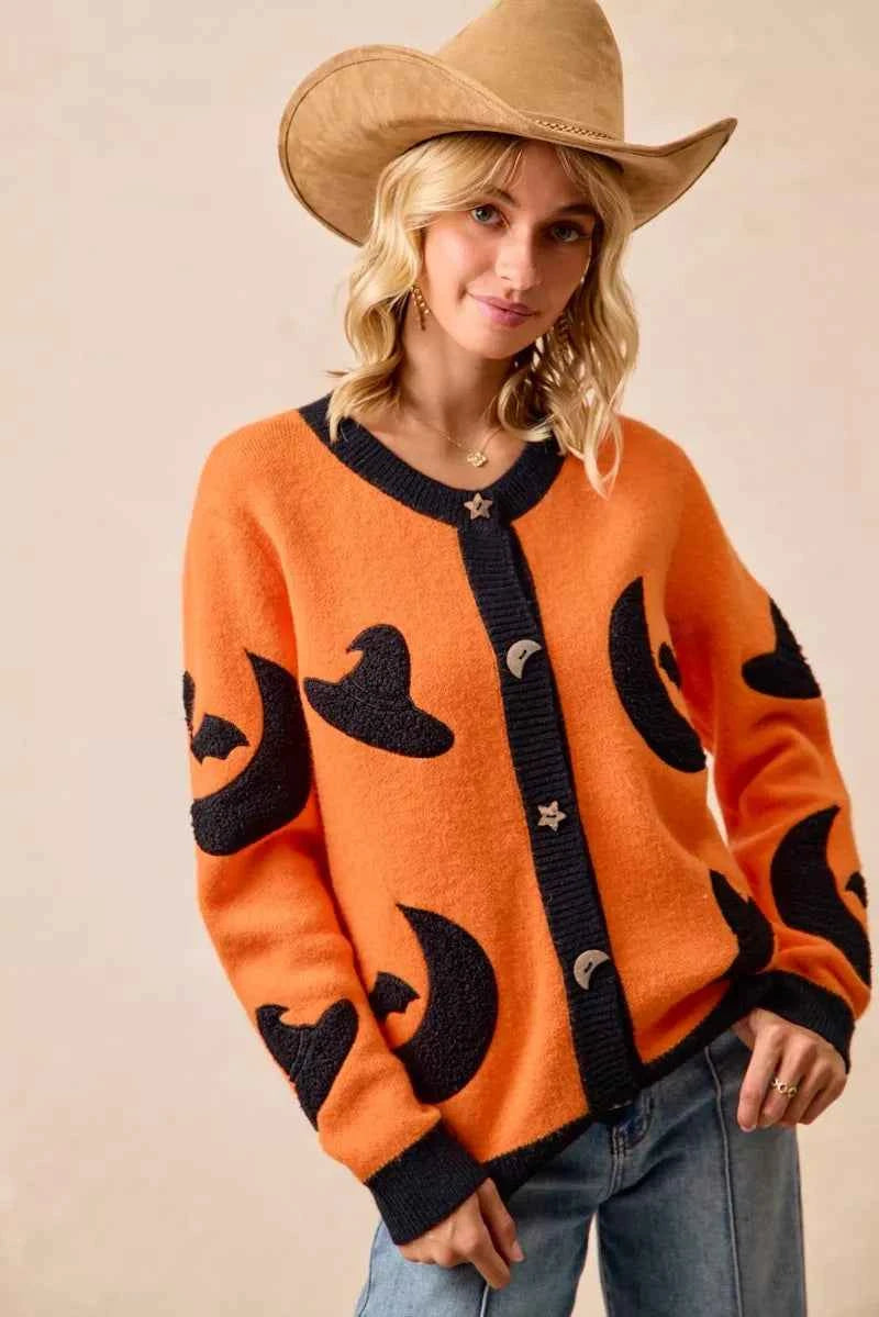 BiBi Halloween Witch Hat Moon Bat Artwork Cardigan BiBi Halloween Witch Hat Moon Bat Artwork Cardigan