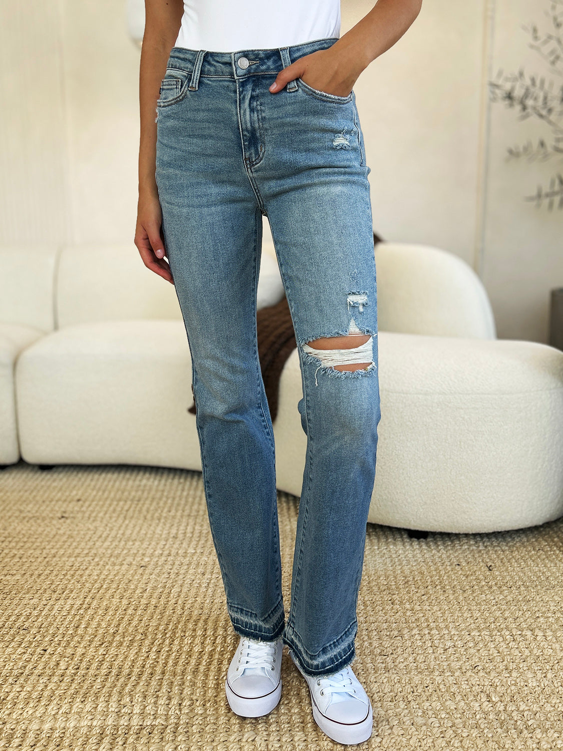 Judy Blue Full Size Mid Rise Destroyed Hem Distressed Jeans Judy Blue Full Size Mid Rise Destroyed Hem Distressed Jeans - TopFashionHQ