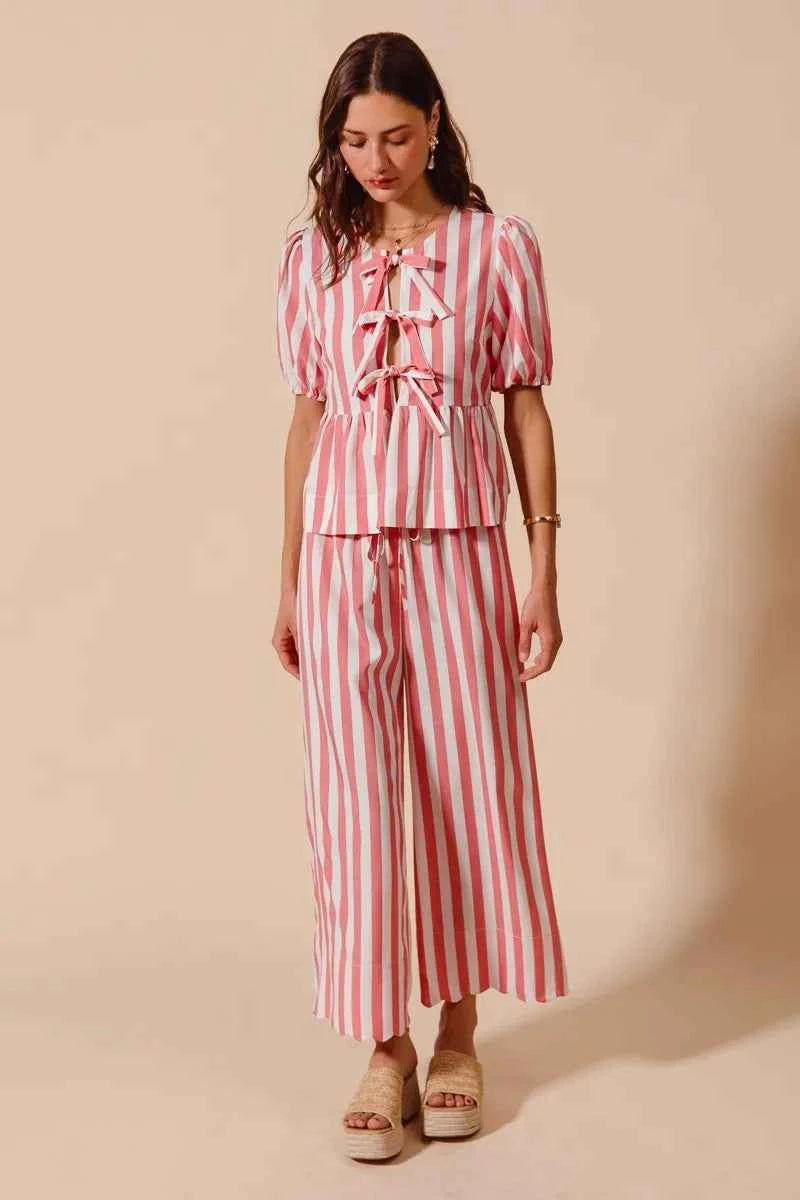SO ME Front Tie Stripe Top With Puff Sleeves and Wide Leg Pants Set SO ME Front Tie Stripe Top With Puff Sleeves and Wide Leg Pants Set