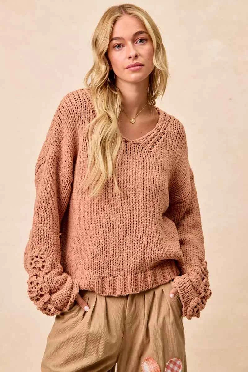 BiBi Chunky Knit Sweater with Flower Detail Sleeves BiBi Chunky Knit Sweater with Flower Detail Sleeves
