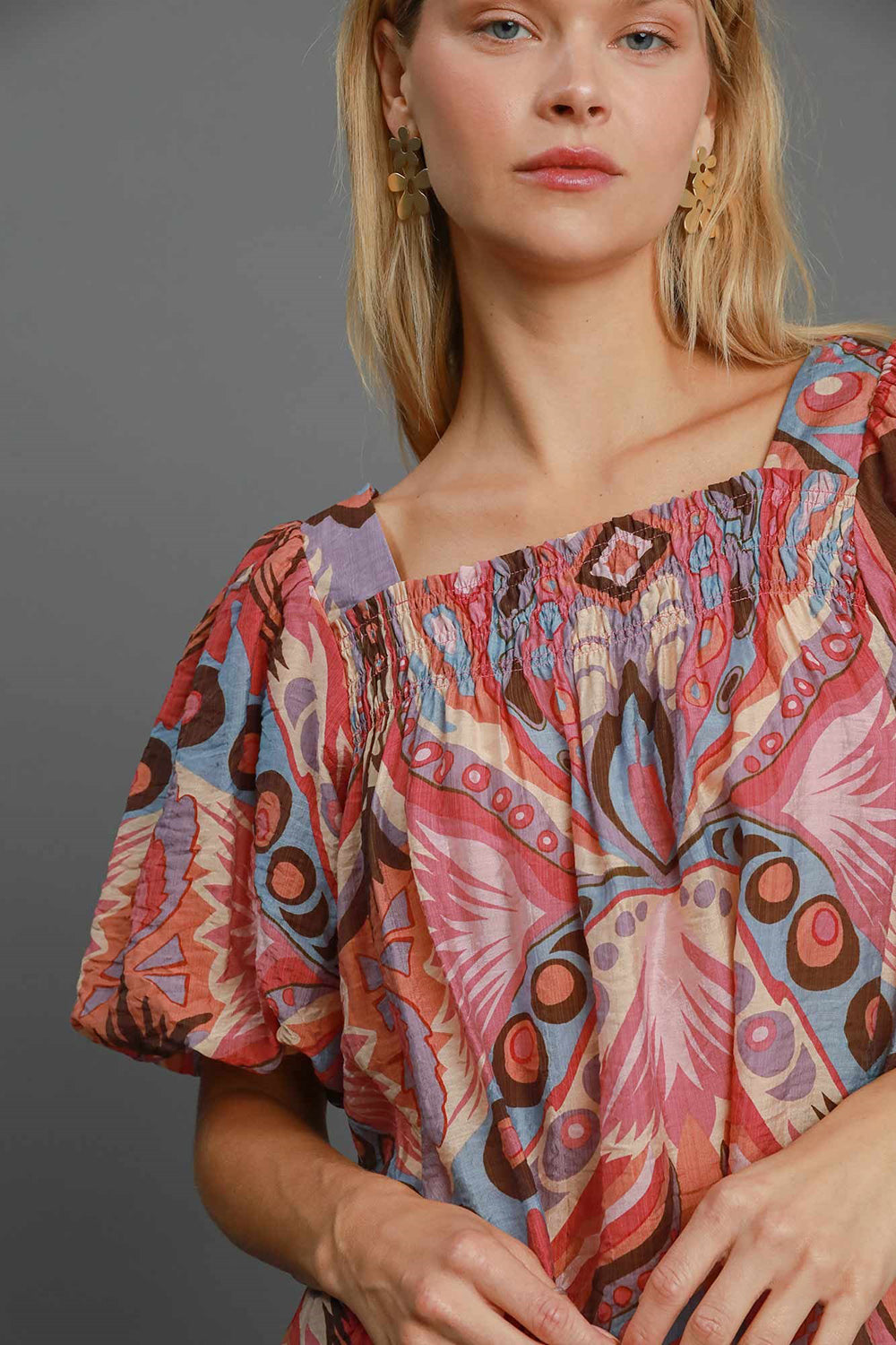 Umgee Full Size Abstract Print Smocked Square Neck Puff Sleeve Blouse Umgee Full Size Abstract Print Smocked Square Neck Puff Sleeve Blouse - TopFashionHQ