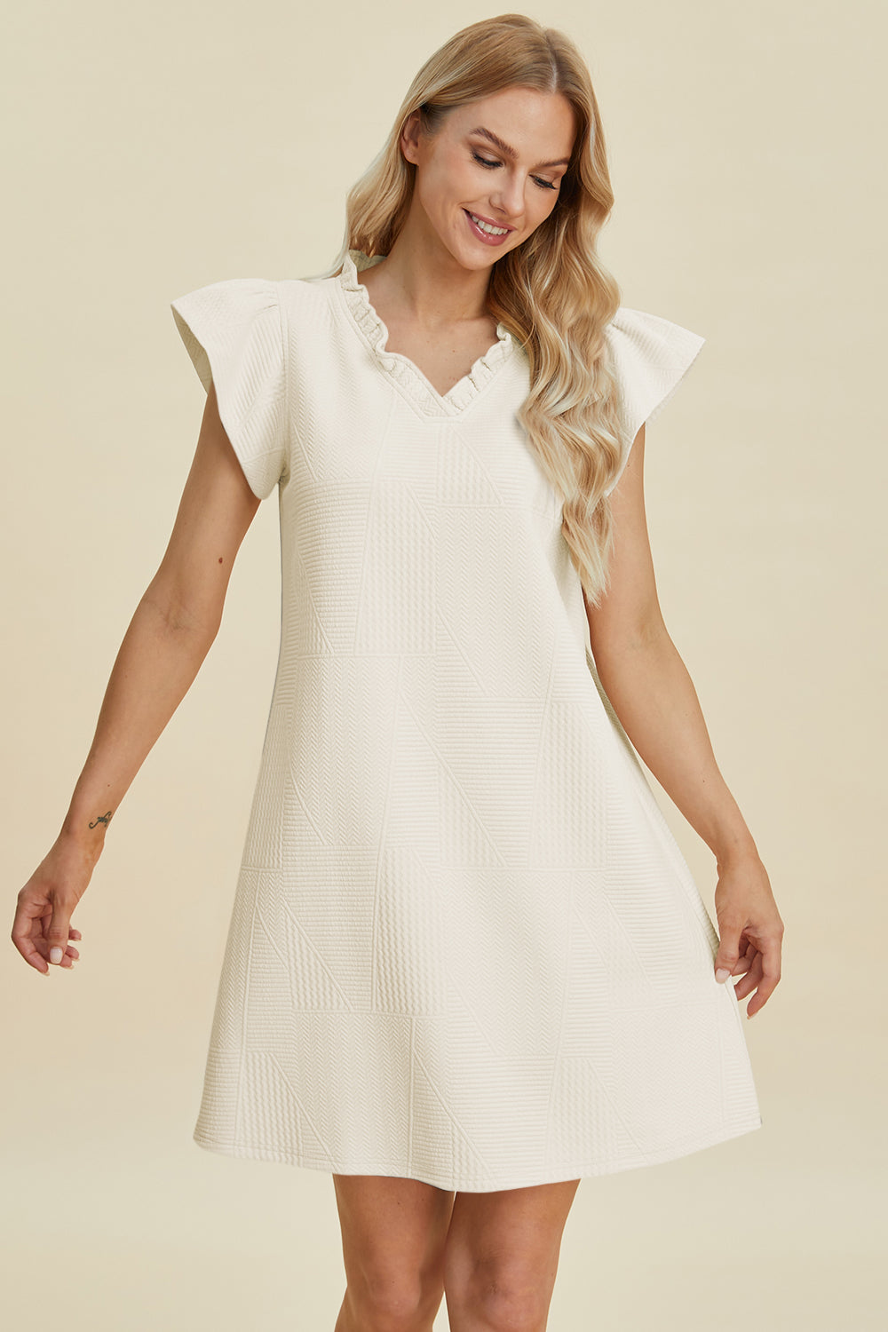 Double Take Full Size Ruffled V-Neck Cap Sleeve Dress Double Take Full Size Ruffled V-Neck Cap Sleeve Dress
