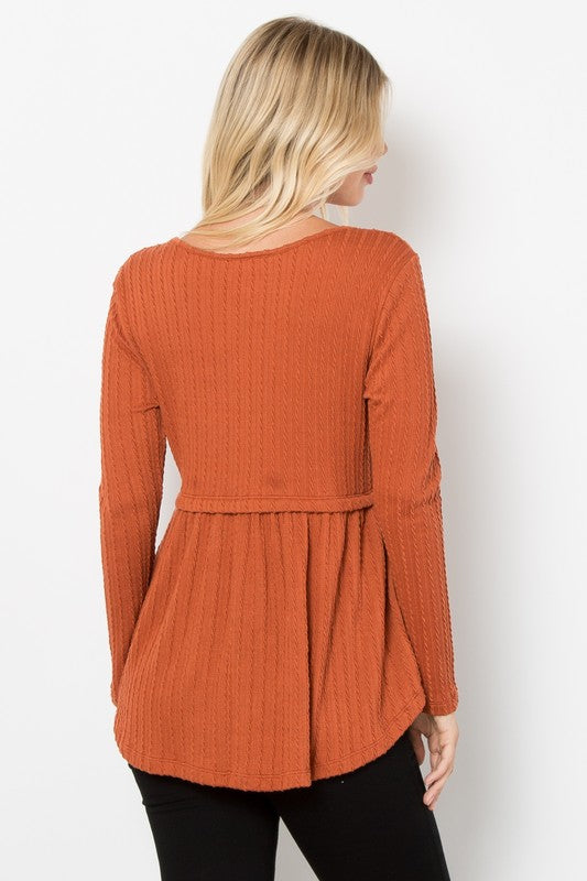Be Stage Full Size Texture Babydoll Round Neck Long Sleeve Knit Top Be Stage Full Size Texture Babydoll Round Neck Long Sleeve Knit Top - TopFashionHQ
