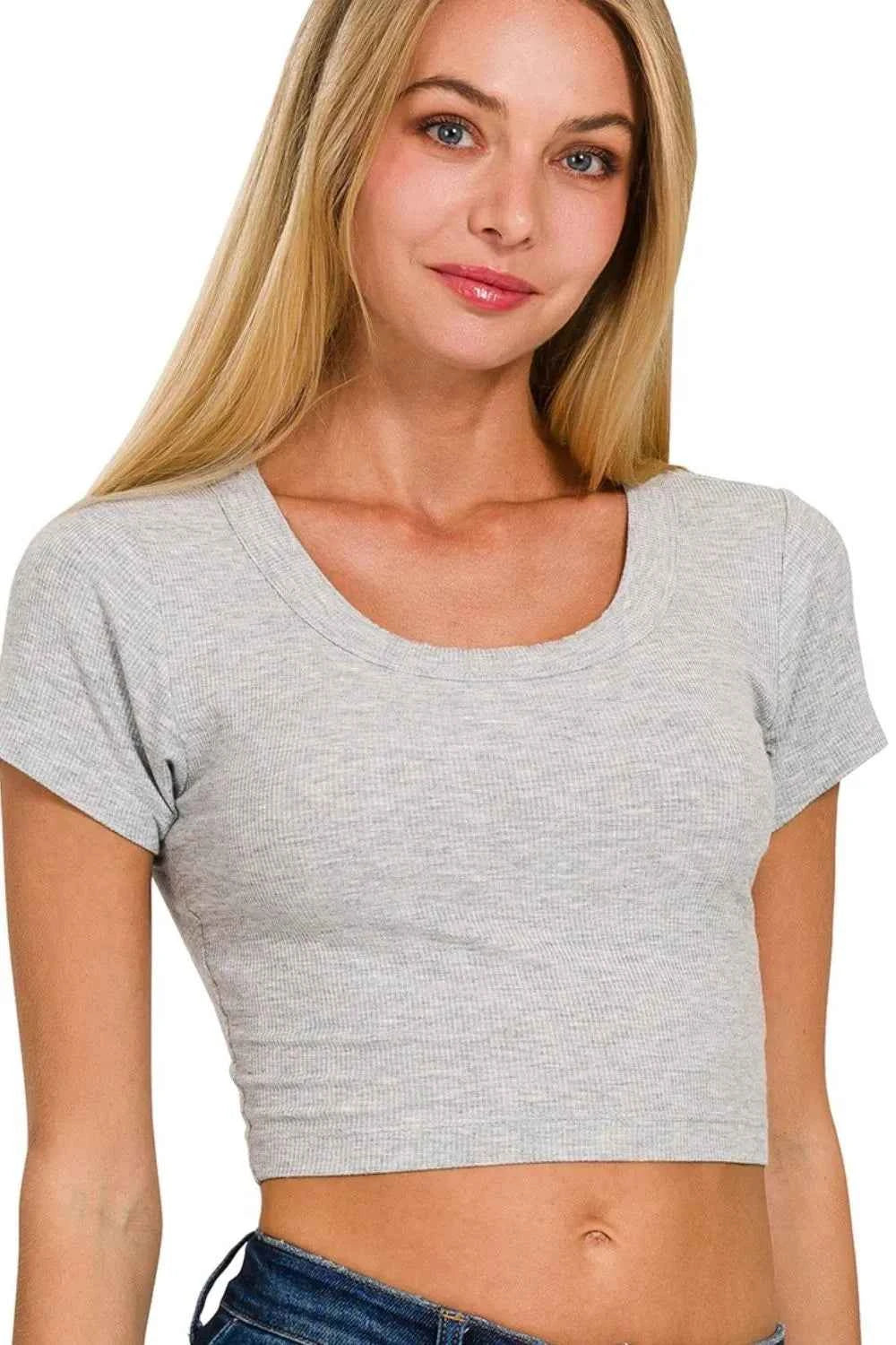 Zenana Ribbed Scoop Neck Crop Short Sleeve Top Zenana Ribbed Scoop Neck Crop Short Sleeve Top