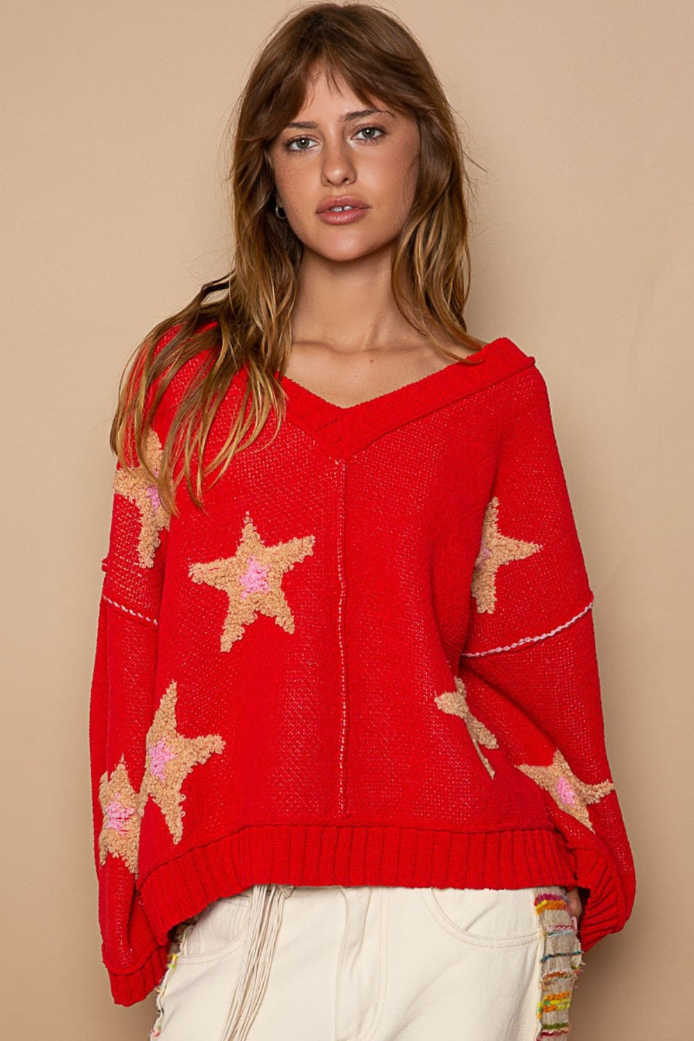 POL Long Sleeve Star Patch Sweater POL Long Sleeve Star Patch Sweater - TopFashionHQ