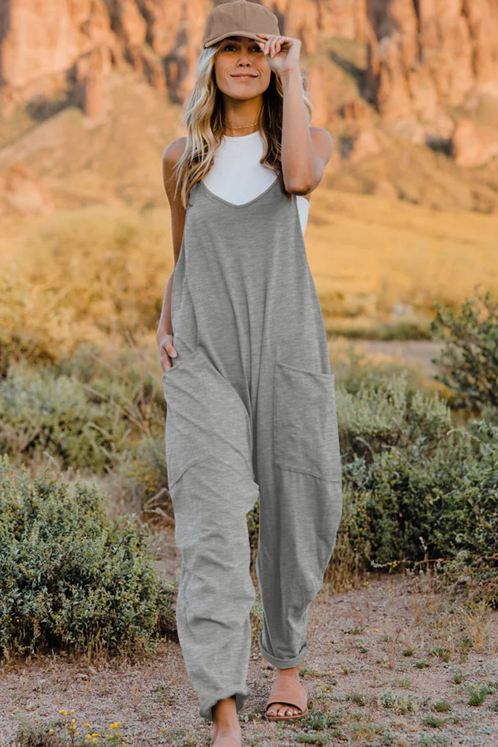 Double Take Full Size V-Neck Sleeveless Jumpsuit with Pockets Double Take Full Size V-Neck Sleeveless Jumpsuit with Pockets - TopFashionHQ