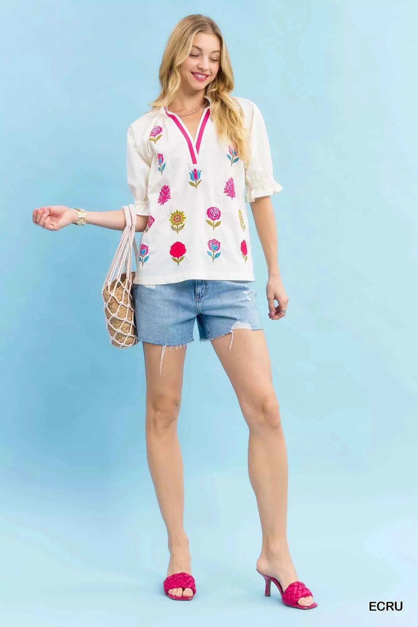 Umgee Embroidered Floral Top with Contrast Trim Umgee Embroidered Floral Top with Contrast Trim