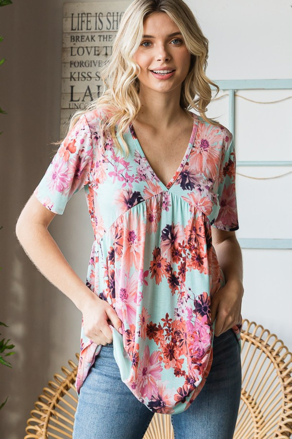 Heimish Full Size Floral V-Neck Short Sleeve Babydoll Blouse Heimish Full Size Floral V-Neck Short Sleeve Babydoll Blouse - TopFashionHQ