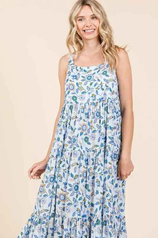 Mittoshop Flower Print Tiered Sleeveless Empire Maxi Dress Mittoshop Flower Print Tiered Sleeveless Empire Maxi Dress