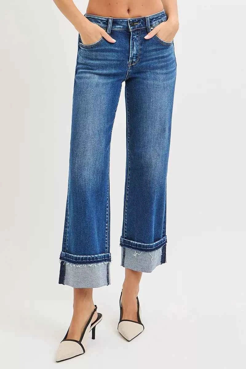 RISEN Mid Rise Ankle Straight Jeans with Cuffed Hem RISEN Mid Rise Ankle Straight Jeans with Cuffed Hem