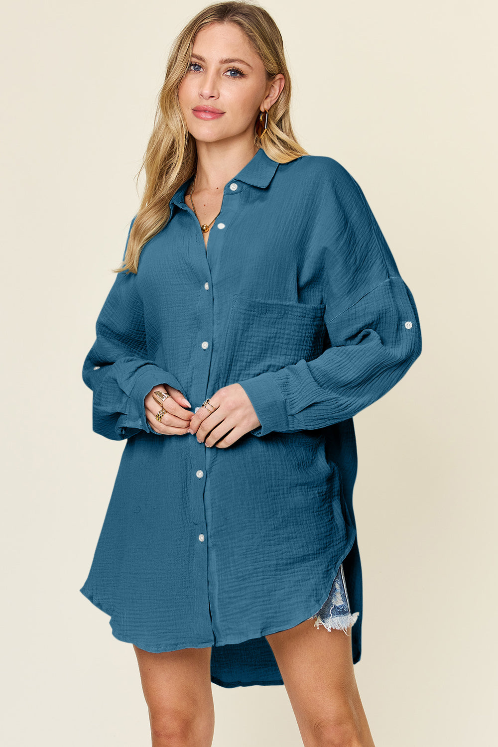 Double Take Full Size Pocketed Texture Button Up Shirt Double Take Full Size Pocketed Texture Button Up Shirt
